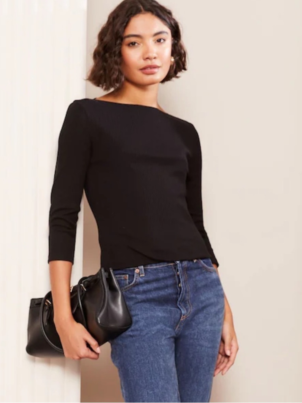 J. Crew Black Long Sleeve Boatneck Top size L 3/4 sleeves and slip knot in back